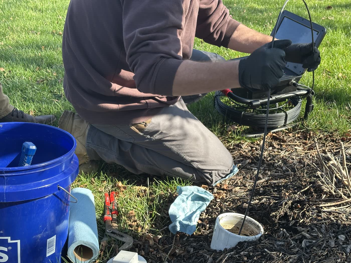 Live monitor view during a Fort Wayne pre-purchase sewer inspection.